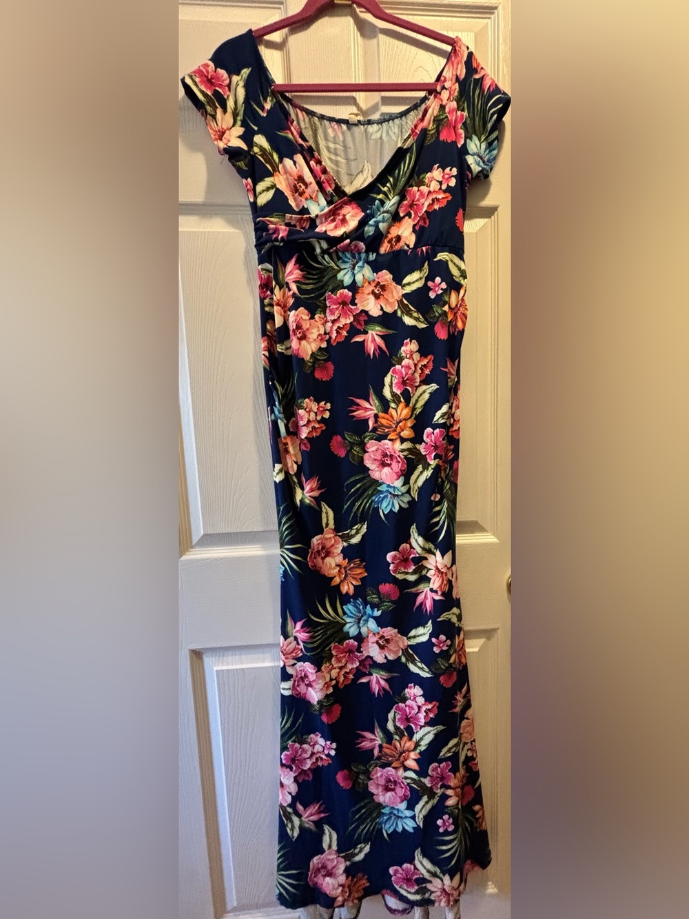 PinkBlush Navy Tropical Floral Maxi Dress Size Large Ruched Side Stretch